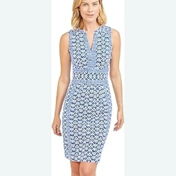 J McLaughlin Lola Dress Geo Audio Blue And White Print Catalina Cloth Medium - Picture 2 of 8